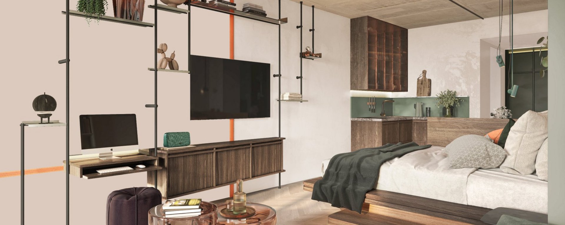 Apartment mit Bett, Küche, Sofa, Wandregal