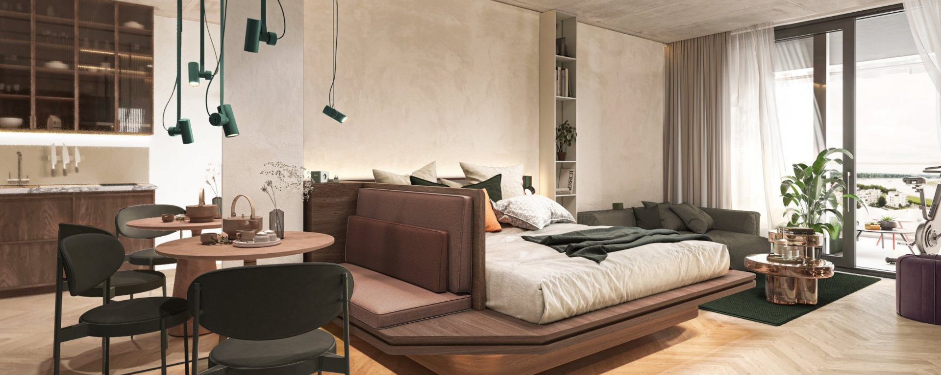 Apartment mit Küchenbereich und Blick auf die Loggia im Zipper